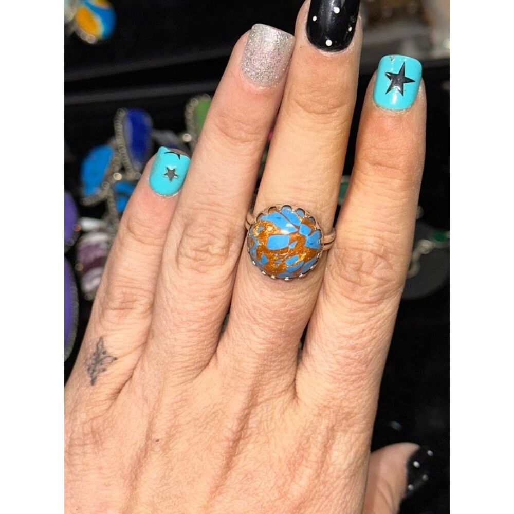 Copper Turquoise Sterling Silver Overlay Ring Size 8